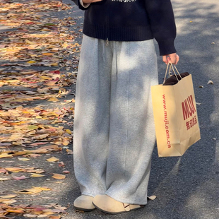 灰色加绒弯刀糯米裤子女2025冬新款直筒垂感阔腿运动休闲香蕉卫裤