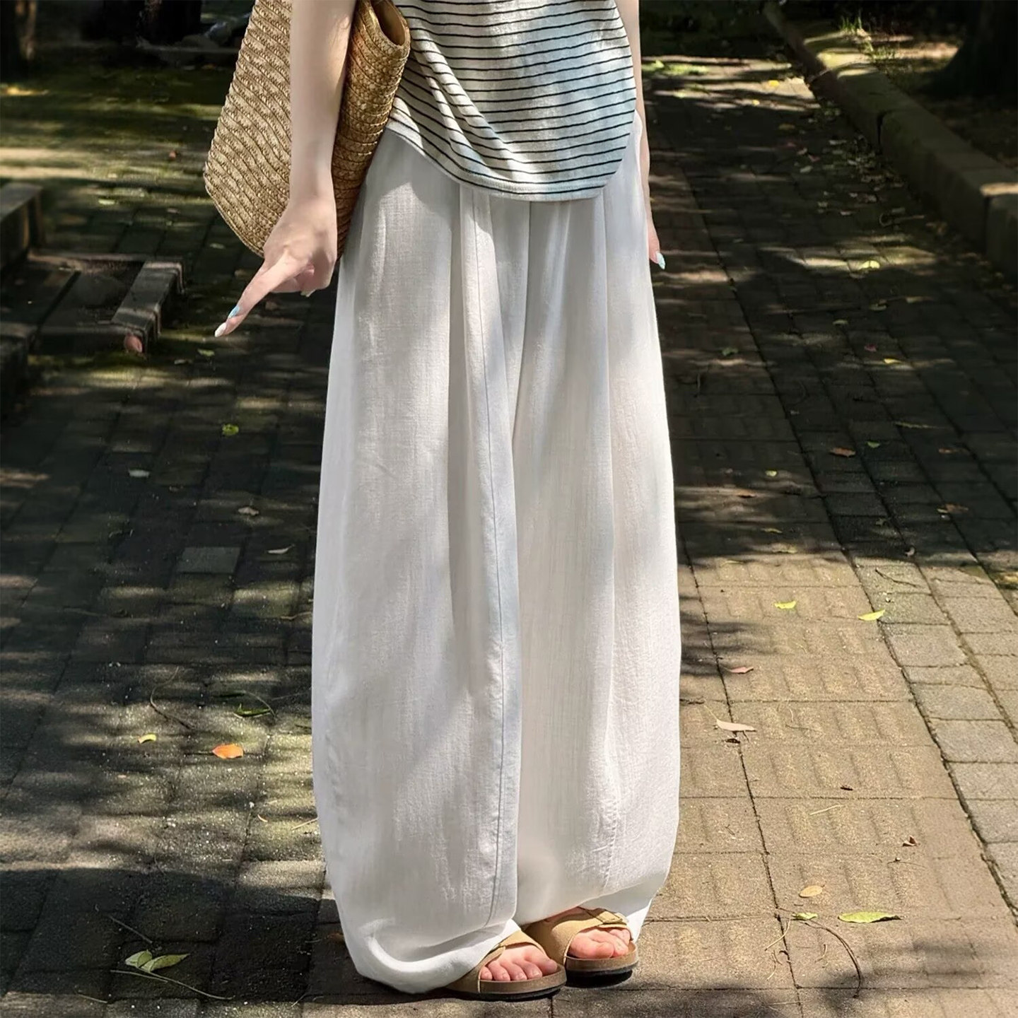 白色天丝亚麻阔腿裤女夏季2026新款高腰显瘦垂感慵懒老钱风休闲裤