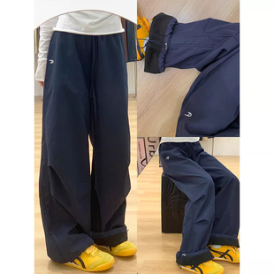 藏青色加绒工装裤女2025新款秋冬刺绣宽松阔腿裤美式高腰运动卫裤