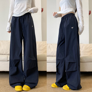 藏青色美式工装裤女秋冬季2025新款小个子直筒显瘦休闲加绒阔腿裤