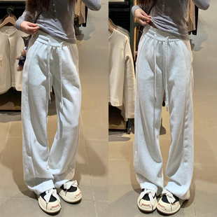小个子高腰加绒宽松休闲阔腿裤 2025新款 女秋冬季 白灰色lulu运动裤