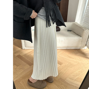 半身裙 高腰韩系秋冬毛呢中长款 米白色针织百褶裙女春秋季 2025新款