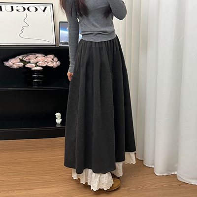 深灰色花边毛呢半身裙女
