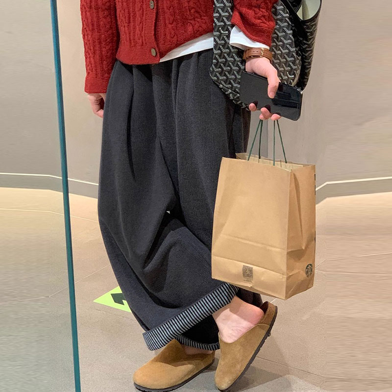 灰色毛呢翻边阔腿裤女2025新款