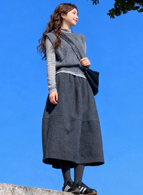 深灰色毛呢半身裙女秋冬2026新款a字伞裙中长款蓬蓬泡泡花苞裙子