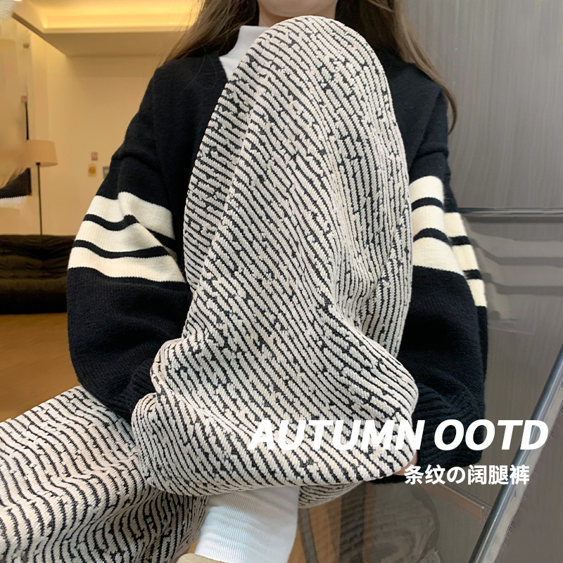 雪尼尔条纹阔腿裤女秋冬加绒垂感