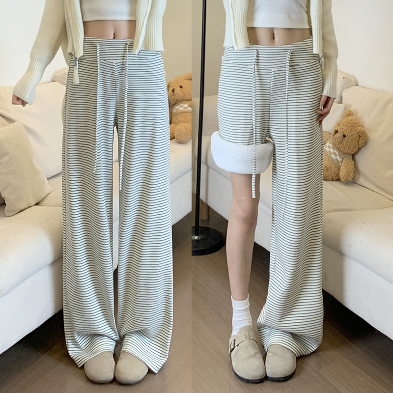 米白色条纹阔腿裤女秋冬2025新款