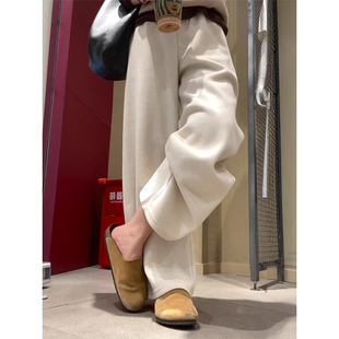 米白色羊绒糯米裤女秋冬季2025新款加绒高腰直筒小个子垂感阔腿裤
