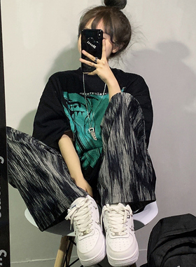 扎染阔腿裤女夏季薄款宽松直筒显瘦高腰垂感黑色冰丝休闲拖地裤子