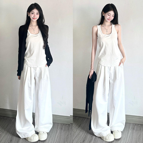 白色水洗棉高腰显瘦阔腿裤女