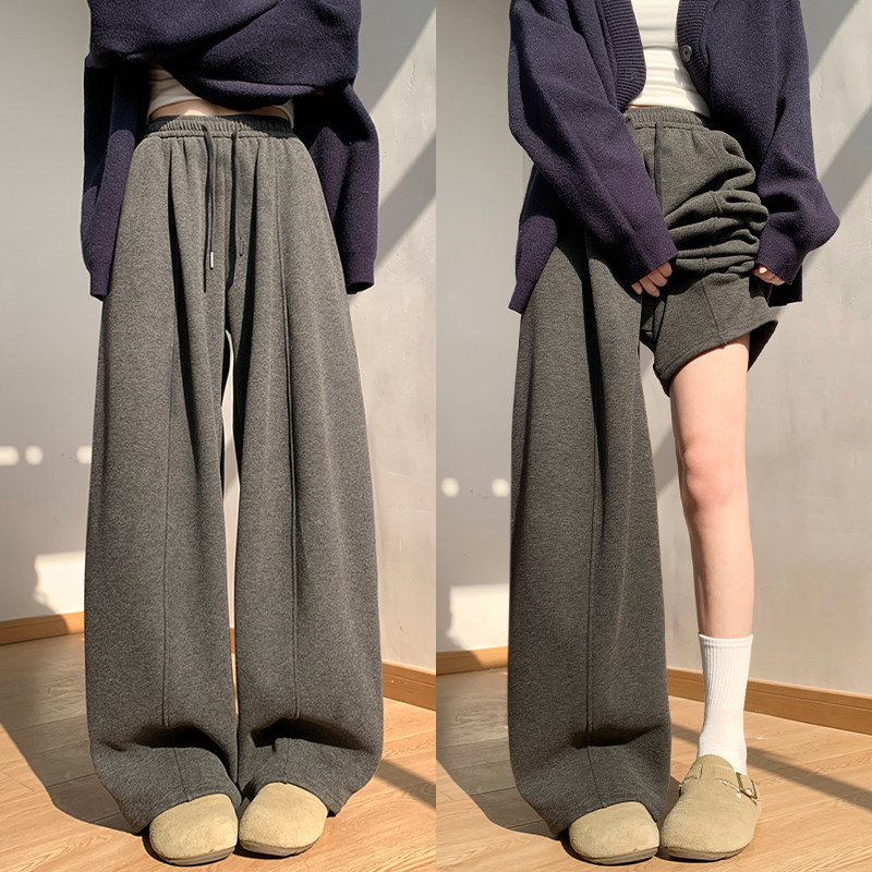 灰色直筒弯刀裤女秋冬2025新款高腰宽松春秋垂感糯米加绒运动裤子,女装/女士精品,休闲裤,淘宝优惠券,粉丝福利购,淘宝优惠卷