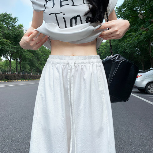 白色抽绳阔腿裤女夏季薄款2026新款宽松小个子直筒速干防晒弯刀裤