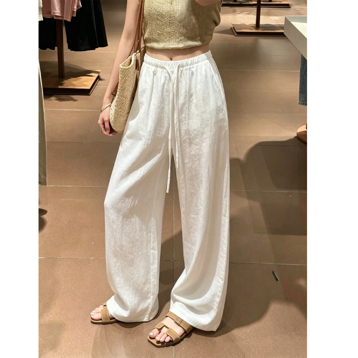 白色亚麻女夏薄款垂感阔腿裤图片
