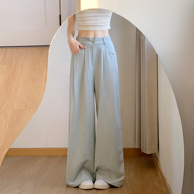 蓝色西装阔腿裤女夏季2026年新款高腰显瘦直筒休闲垂感拖地奶芙裤图片