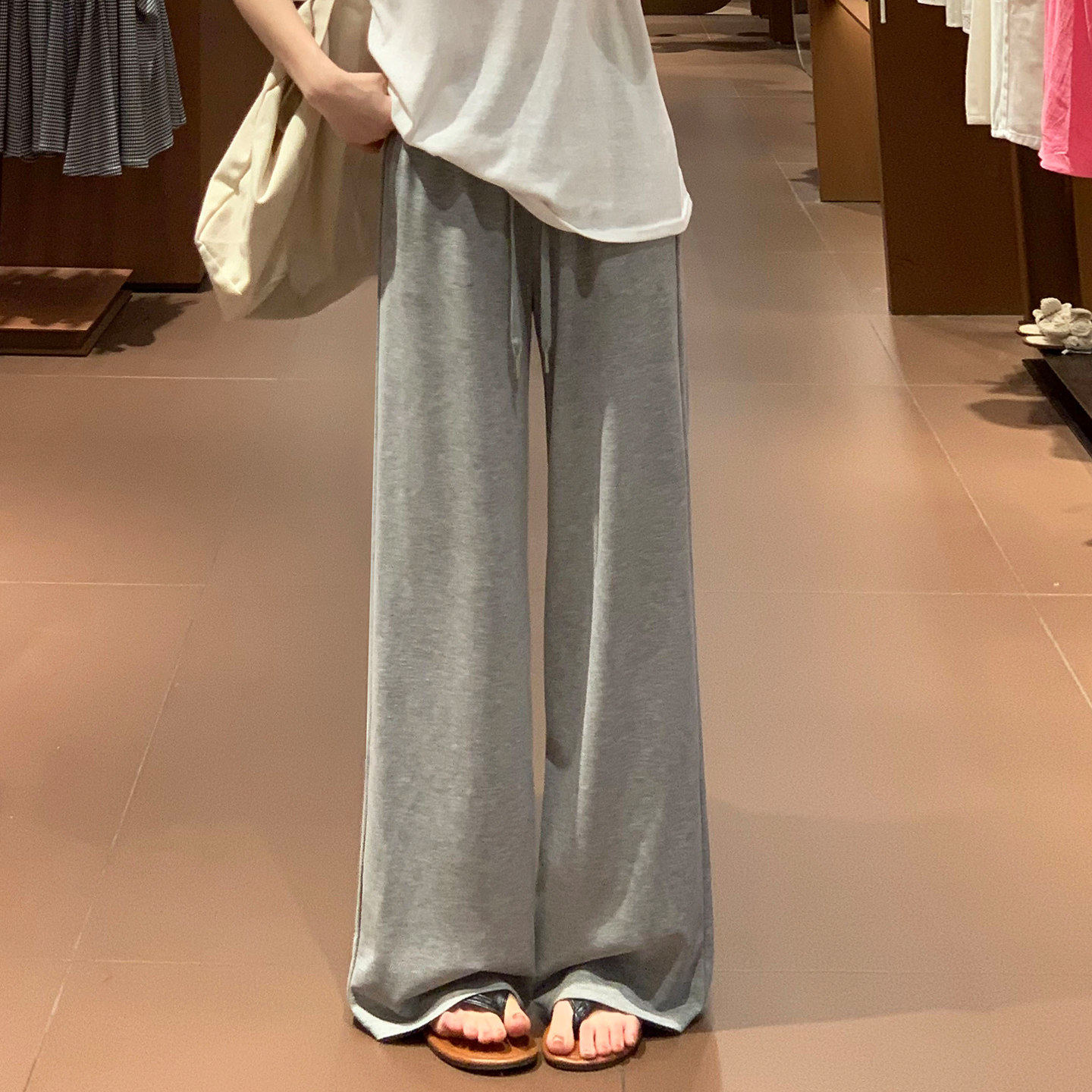 灰色铜氨丝阔腿裤女夏薄款面膜裤图片