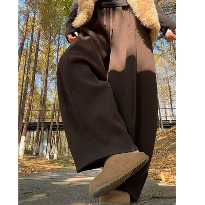 咖色加绒高腰显瘦糯米阔腿裤