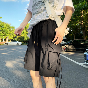 女夏季 短裤 2025新款 高腰速干阔腿显瘦中裤 美式 黑色运动五分裤 工装