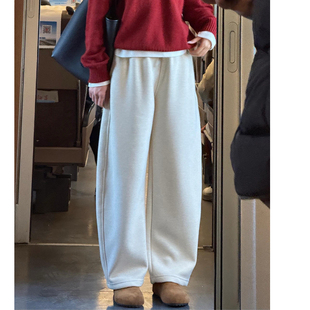 白色山羊绒阔腿裤女春秋冬2024新款加绒宽松直筒小个子糯米山本裤