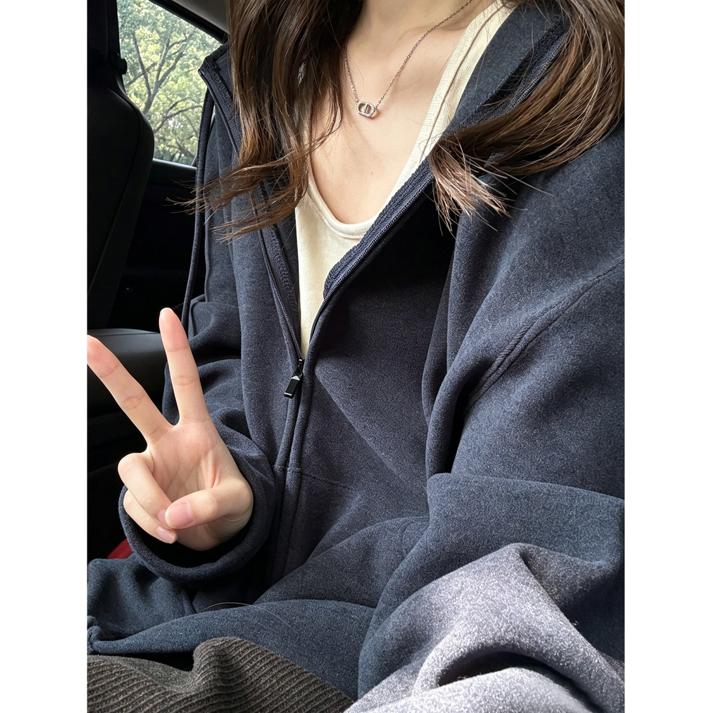 藏青色连帽拉链卫衣女春秋冬2026新款外套慵懒风磨毛口袋长袖上衣