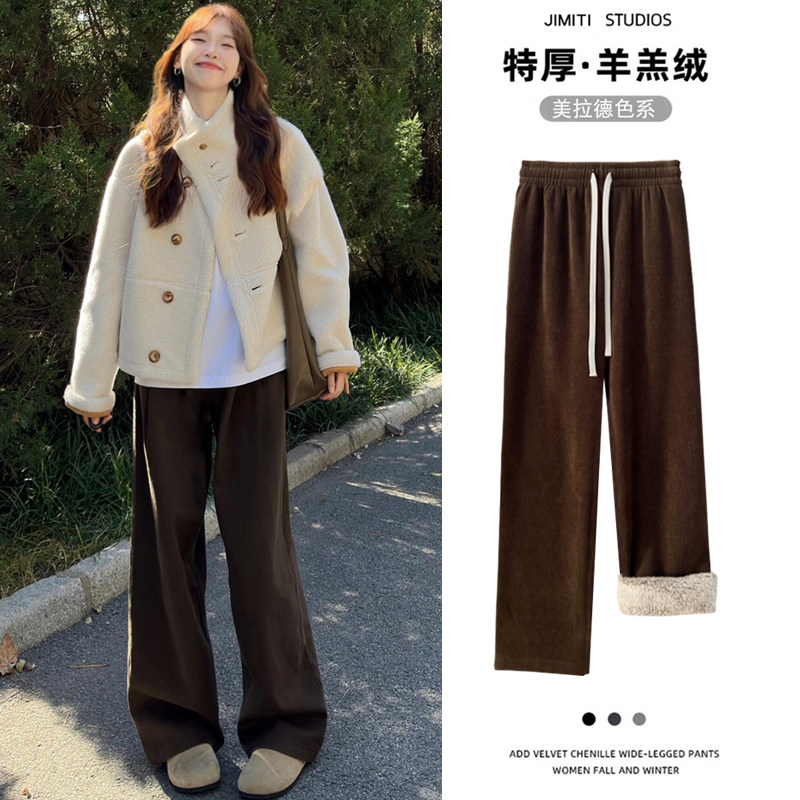 美拉德棕色加绒阔腿裤女秋冬高腰垂感直筒羊羔绒棉裤灯芯绒休闲裤,女装/女士精品,休闲裤,淘宝优惠券,粉丝福利购,淘宝优惠卷