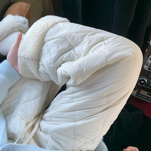 白色摇粒绒棉裤女秋冬季2026新款休闲保暖加绒裤拼接毛绒阔腿裤子