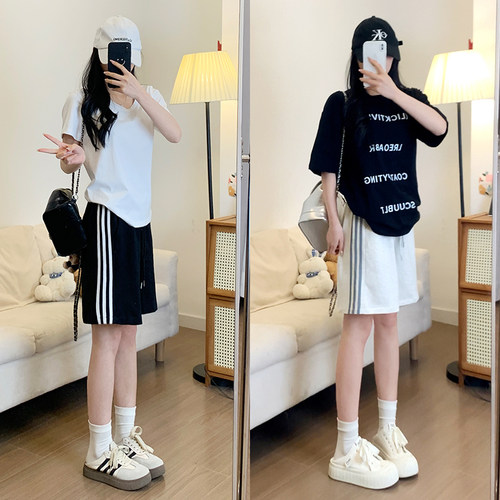 黑色三杠运动短裤女夏季薄