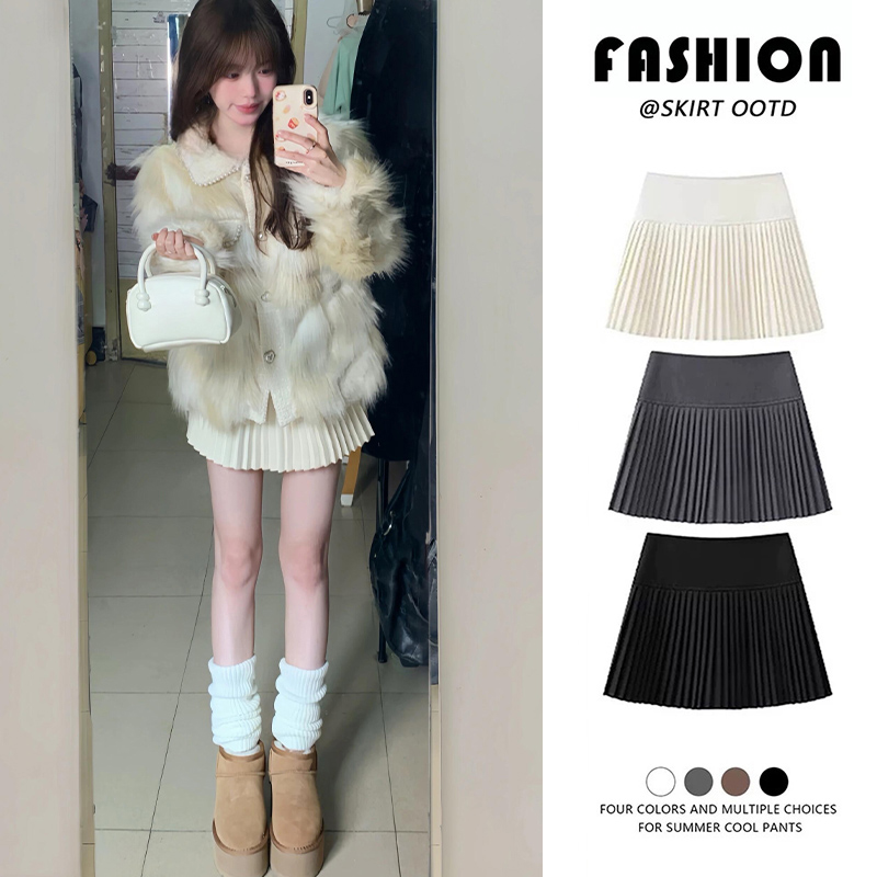 毛呢显瘦高腰a字米白色秋冬季