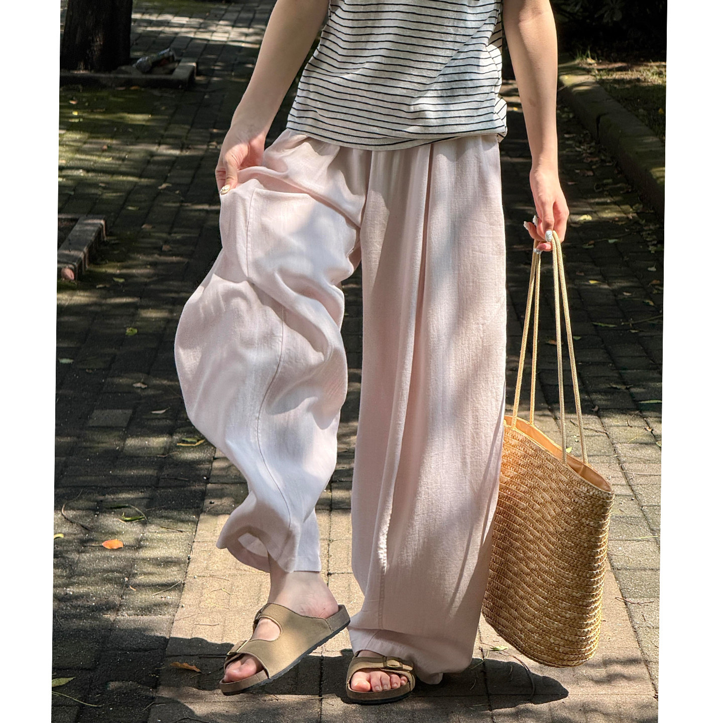 日系粉色亚麻夏季显瘦阔腿裤女图片