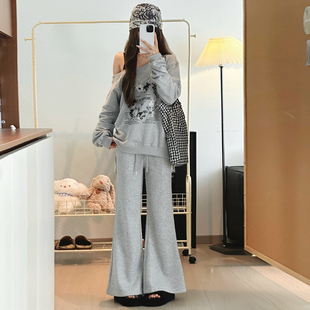 高腰显瘦休闲阔腿马蹄卫裤 2025新款 女春秋季 浅灰色微喇叭运动裤