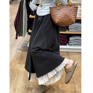 高腰显瘦休闲毛呢半身裙裤 2025新款 女秋冬季 深灰色蕾丝花边阔腿裤