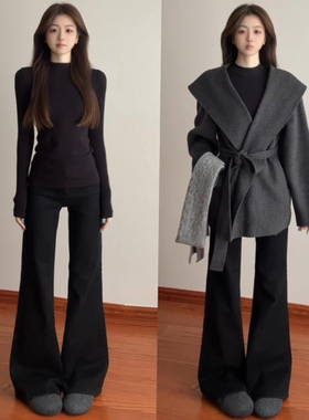 黑色加绒微喇裤女秋冬2025新款高腰小个子显瘦垂感马蹄西装喇叭裤