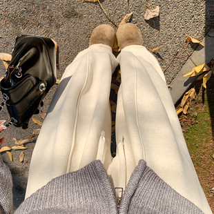 米白色糯米阔腿裤女秋冬加绒2025新款高腰加厚直筒休闲弯刀运动裤