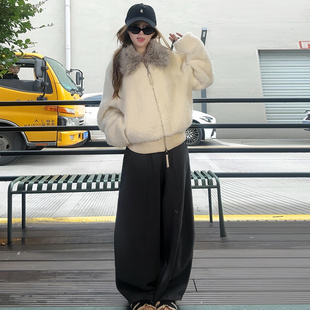 高腰垂感宽松休闲阔腿裤 女秋冬加绒2025新款 糯米裤 深灰色毛呢西装