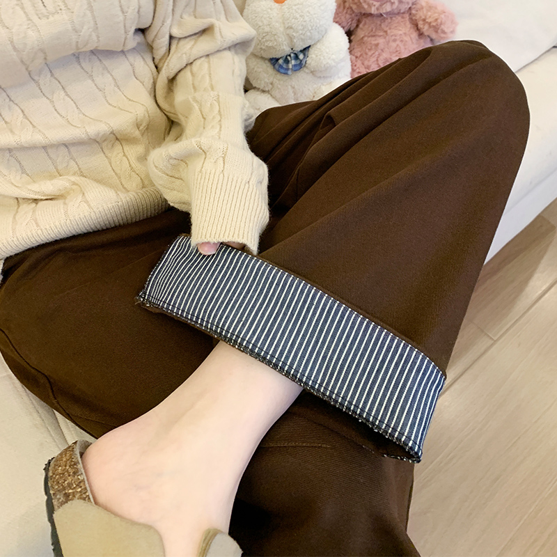 咖色卷边条纹阔腿裤百搭直筒裤子