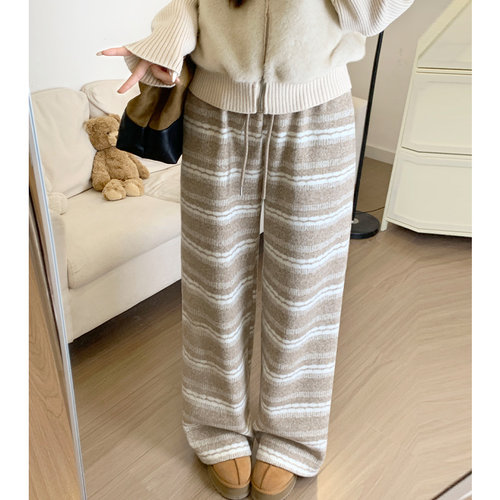 卡其费尔岛加绒提花条纹阔腿裤