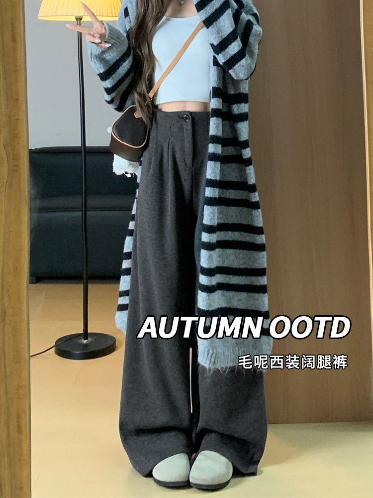 灰色毛呢西装裤女秋冬加绒2025年新款高腰显瘦软糯垂感糯米阔腿裤