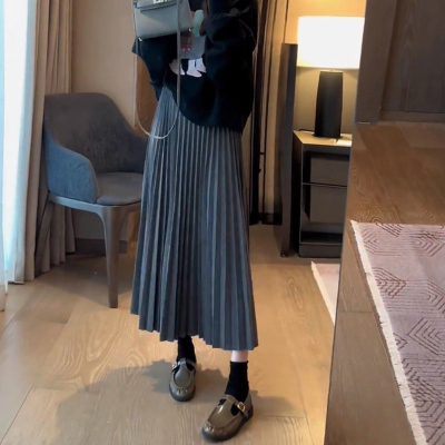 深灰色韩系针织百褶裙女