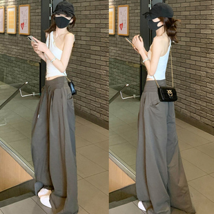 小个子高腰垂感宽松休闲阔腿卫裤 2026新款 女秋季 军绿色螺纹运动裤