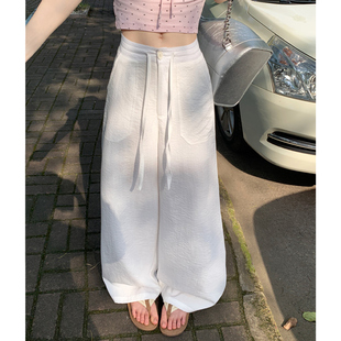 白色亚麻直筒裤子女2026夏季薄款垂坠感低腰小个子休冰丝闲阔腿裤