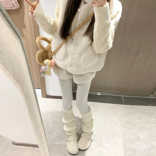 燕麦白色螺纹打底裤女春秋冬