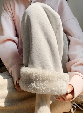 灰色羊羔绒运动裤女秋冬宽松束脚棉裤加绒加厚阔腿裤直筒休闲卫裤