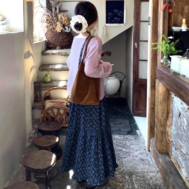 藏青色碎花半身裙女春秋季2025新款高腰显瘦a字中长款蓬蓬蛋糕裙