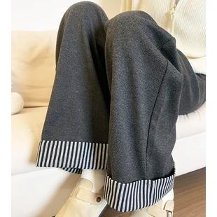 灰色毛呢翻边阔腿裤女秋冬季2025新款高腰宽松显瘦加绒休闲直筒裤