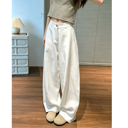 白色棉麻西装裤女夏季薄款高腰宽