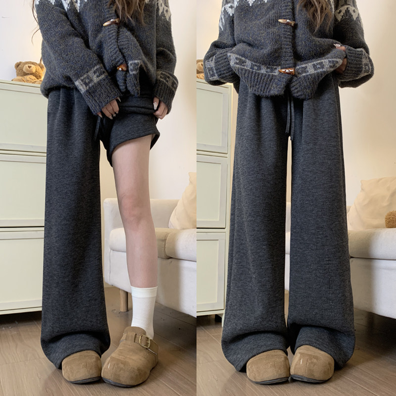深灰色羊羔绒糯米裤女秋冬加绒2025新款小个子高腰休闲阔腿运动裤