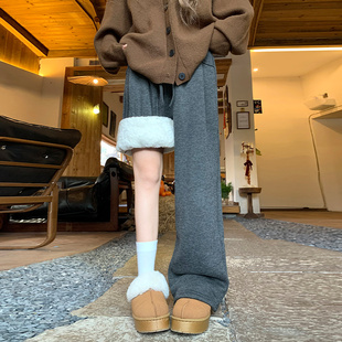 加绒加厚小个子高腰保暖阔腿裤 深灰色羊羔绒糯米裤 女秋冬2025新款