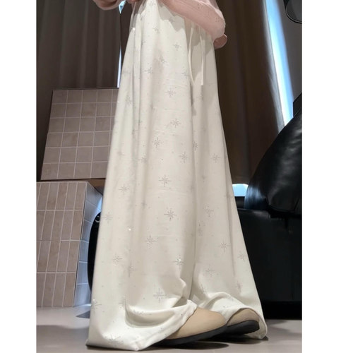 白色烫钻高腰垂感阔腿裤小个子