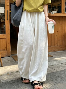 白色老钱风阔腿裤女夏薄款高腰休闲宽松小个子显瘦垂感棉麻气球裤