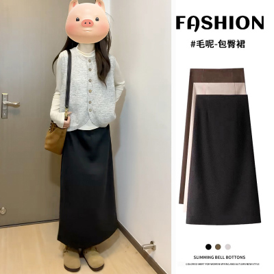 黑色毛呢包臀裙女秋冬2025新款