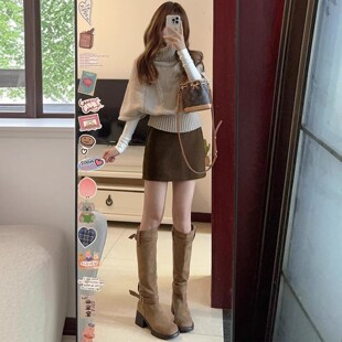 咖色毛呢短裙女秋冬加绒2025新款 小个子a字包臀短裙 高腰显瘦修身